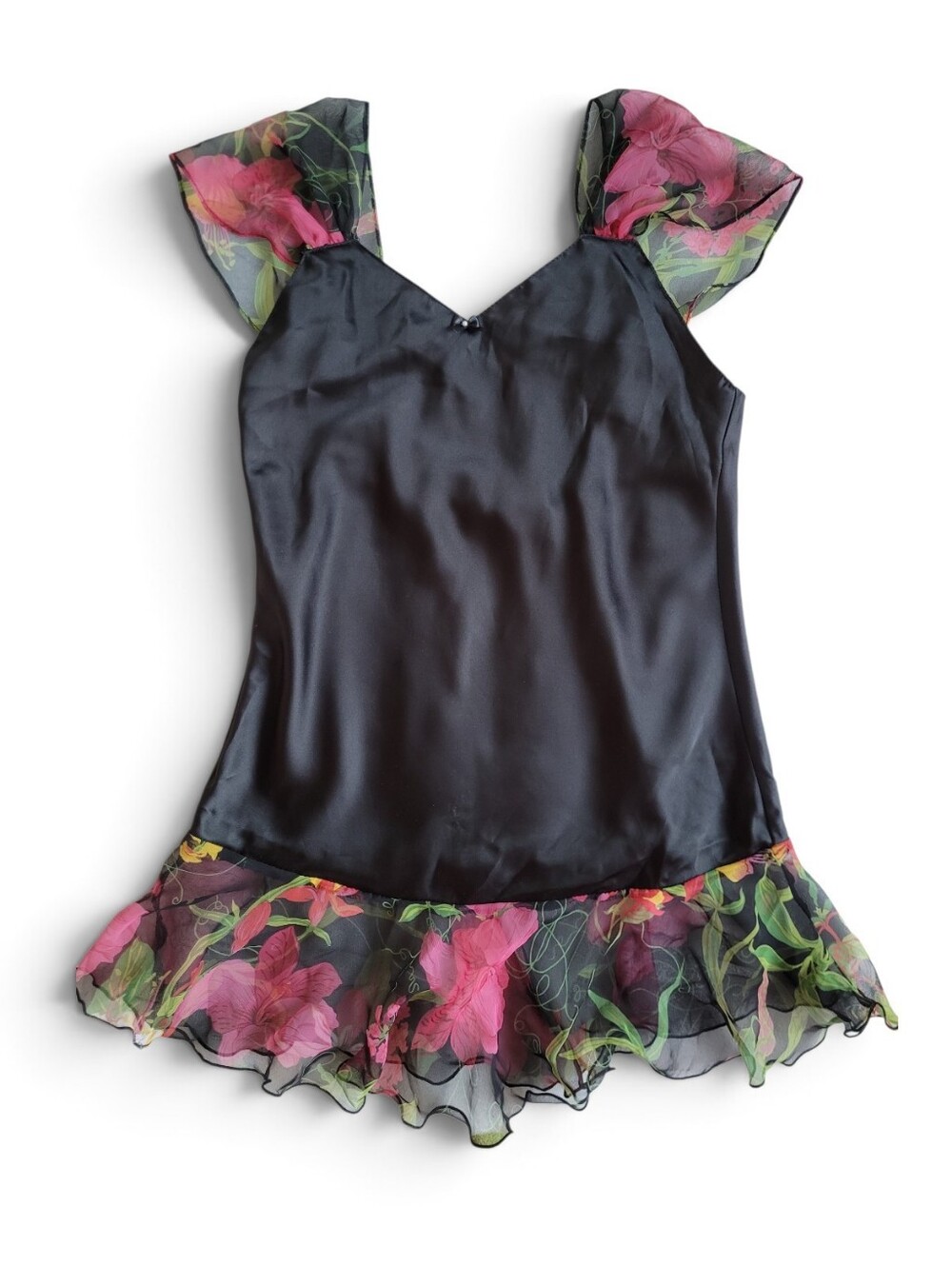 Vintage ILGWU Black Satin Chemise with Sheer Tropical Floral Trim Small